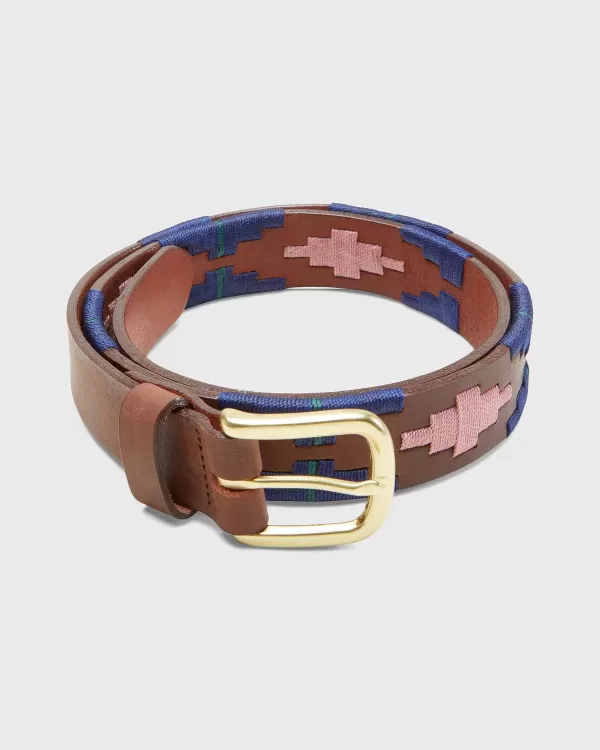 Store Sid Mashburn 1 1/8" Polo Belt Pink/Navy/Green Medium Brown Leather