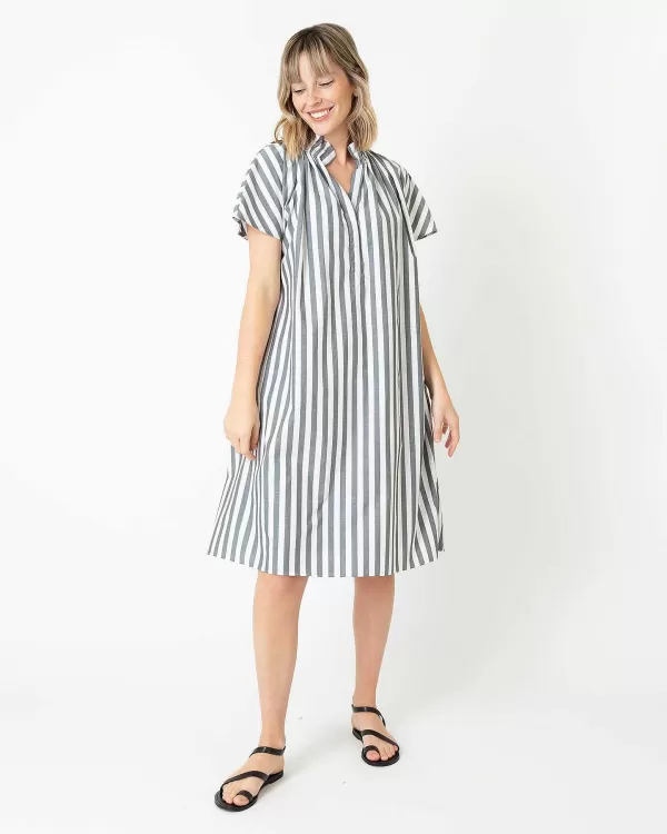 Store Ann Mashburn Atelier Volume Kami Dress Olive/Natural Bold Stripe Chambray