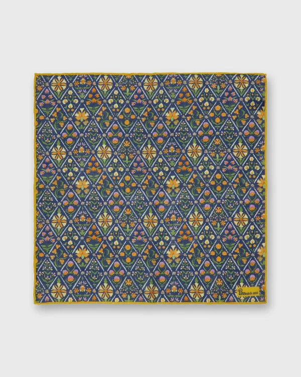 Store Petronius Linen Print Pocket Square Navy Multi Mosaic