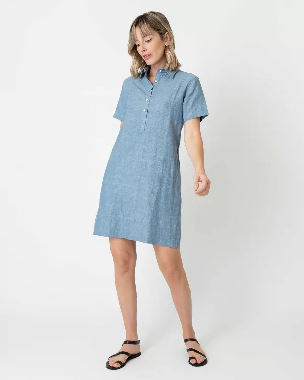 Sale Ann Mashburn Short-Sleeved Popover Dress Extra Light Washed Cotolino Chambray