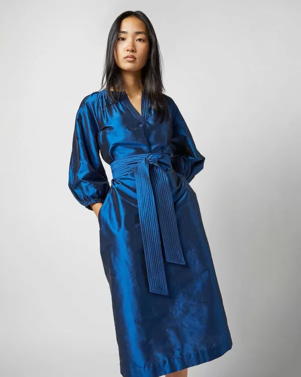 Hot Ann Mashburn Trapunto Blouson Dress Lapis Silk Shantung